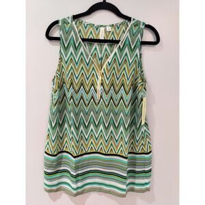 Tacera Women’s Small Green Chevron Sleeveless Blouse Gold Zip V-Neck Top